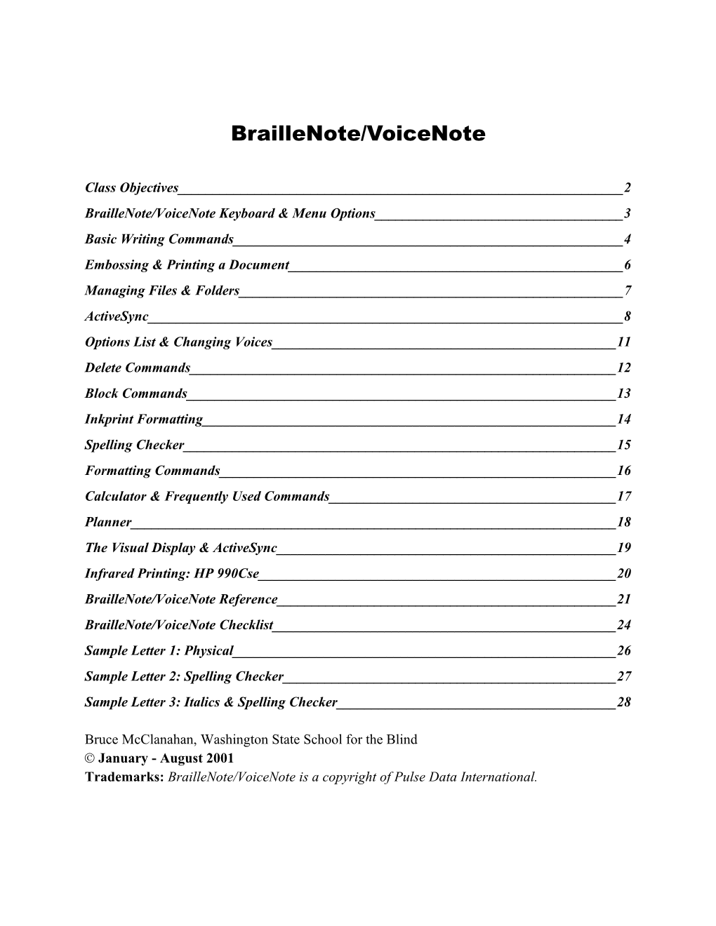 Braillenote/Voicenote Keyboard & Menu Options 3