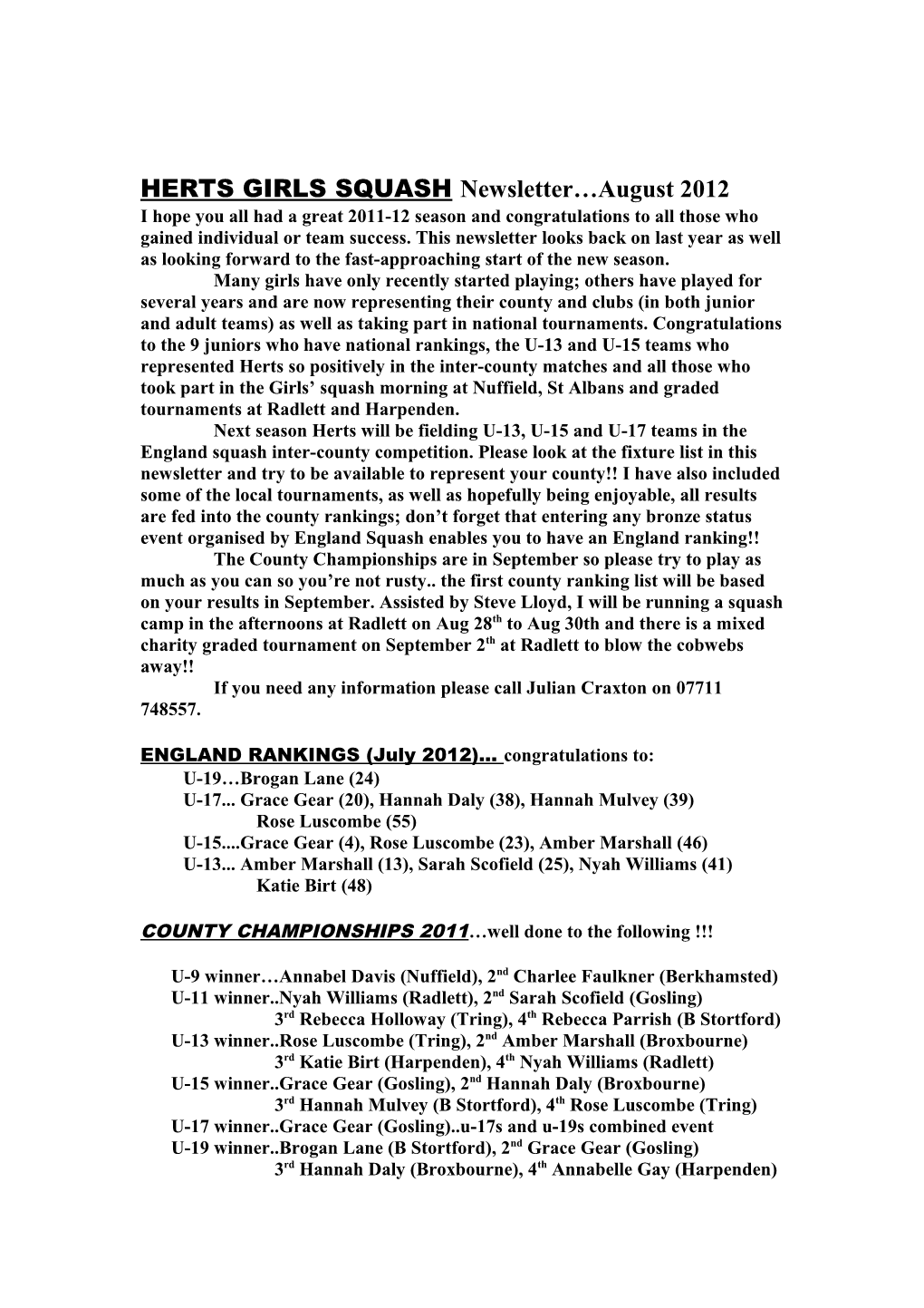 HERTS GIRLS SQUASH Newsletter August 2006