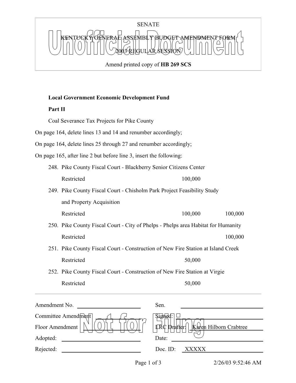 Kentucky General Assembly Budget Amendment Form s1