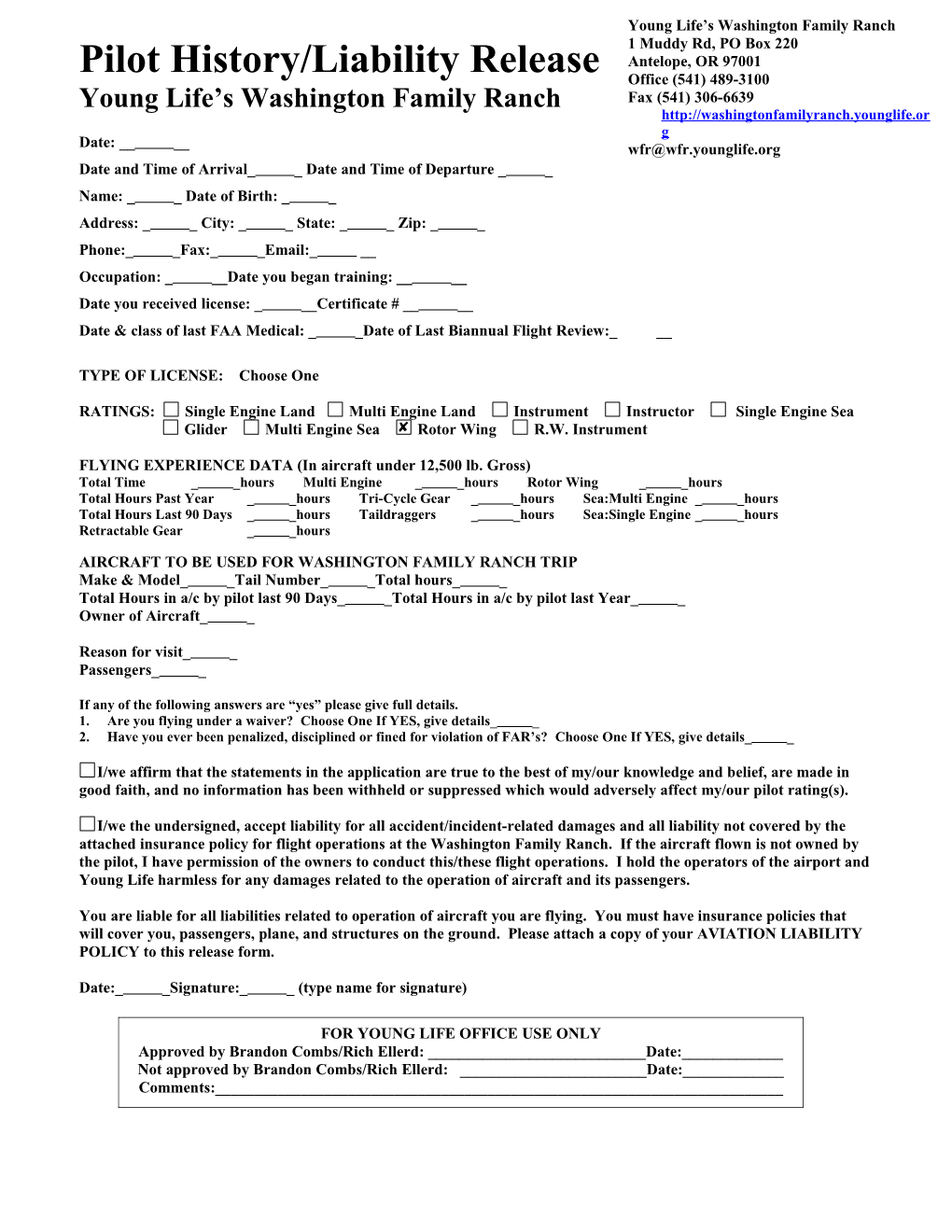 Pilot History/Liability Release