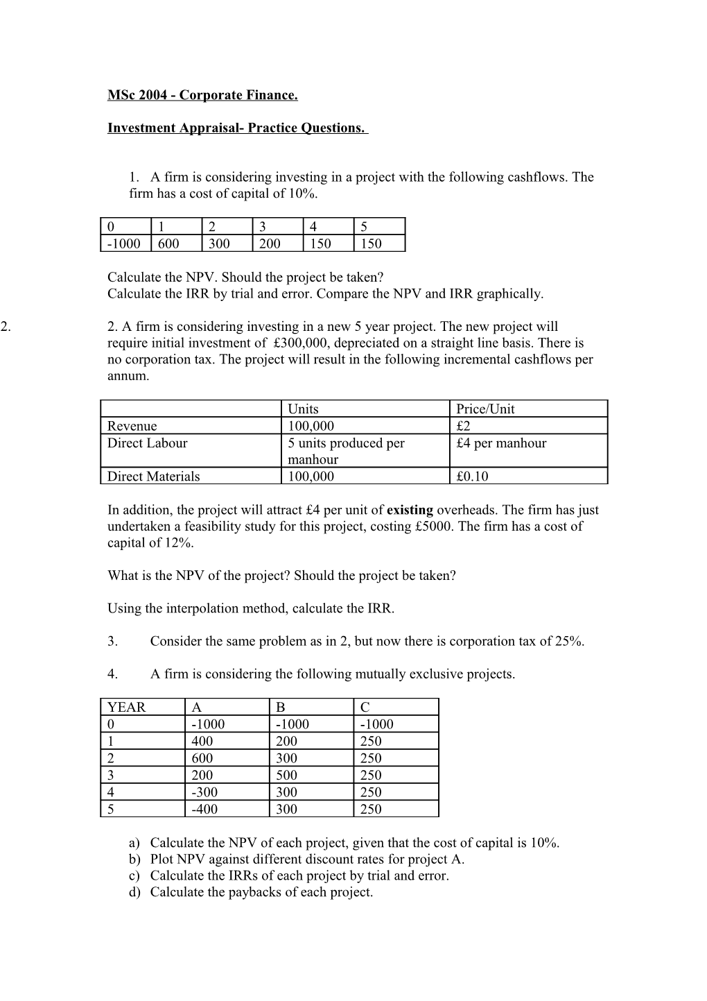 Investment Appraisal- Practice Questions