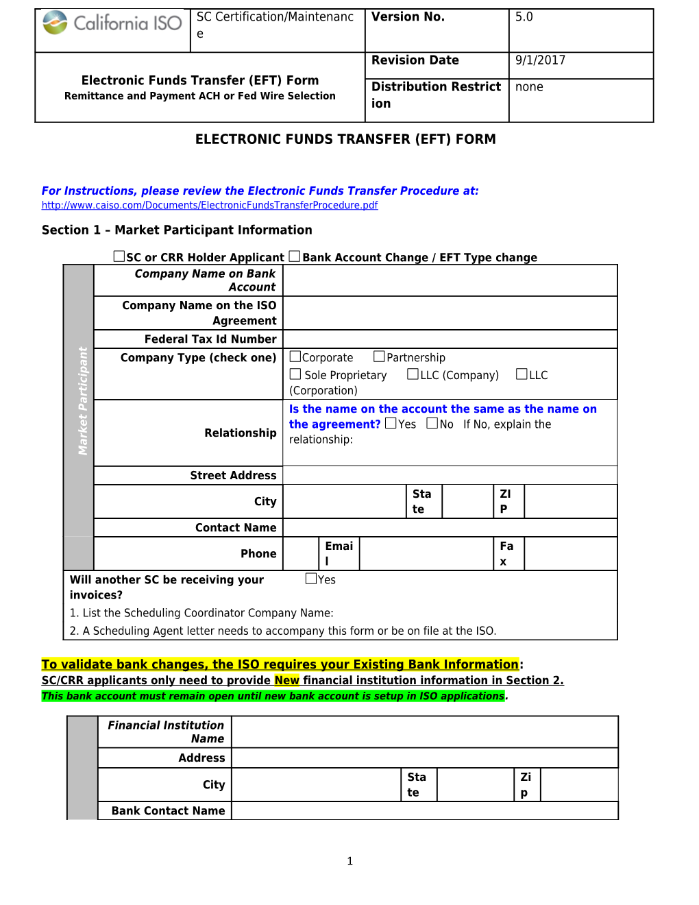 Electronic Funds Transfer Or Bank Account Change Form