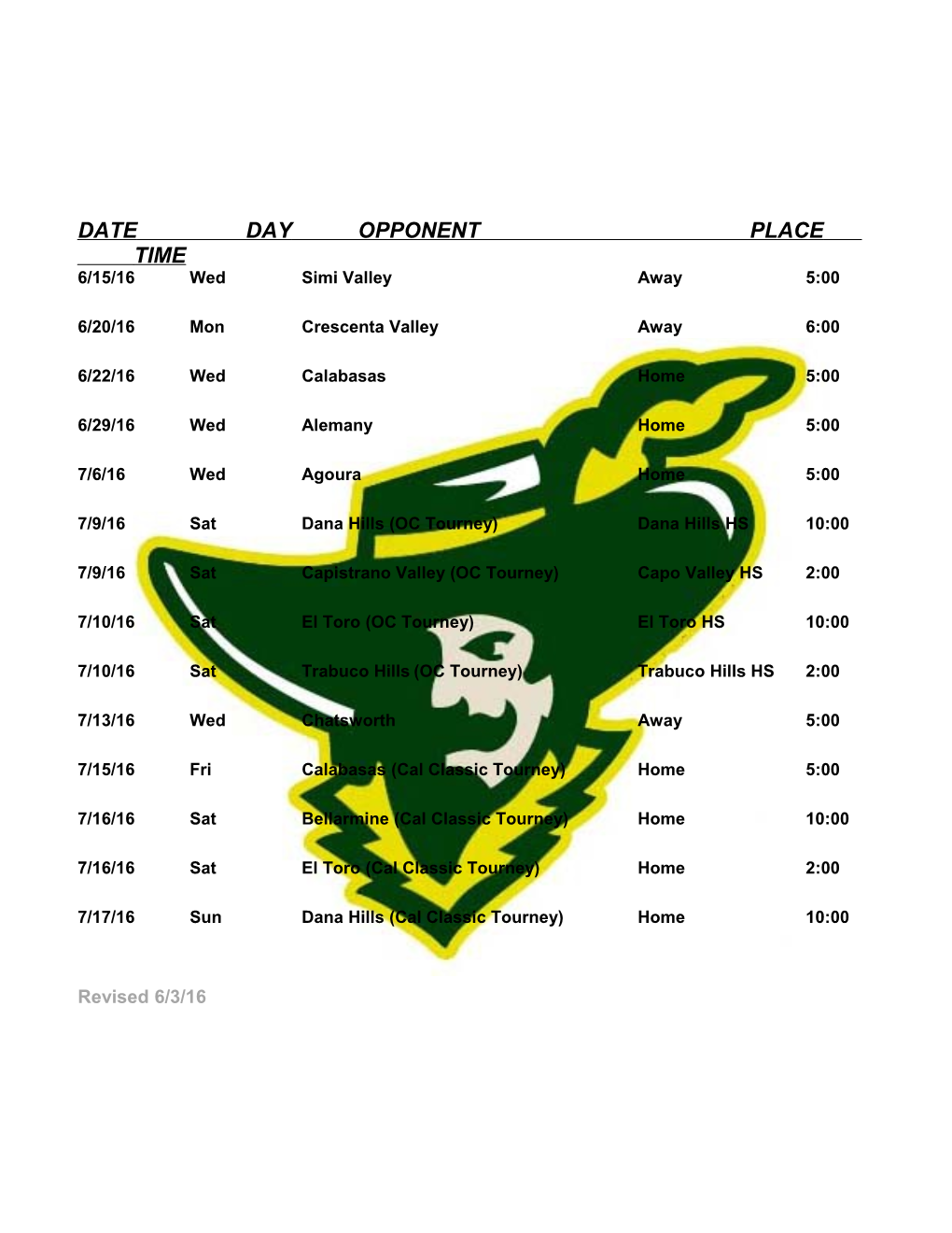 6/15/16 Wed Simi Valley Away 5:00