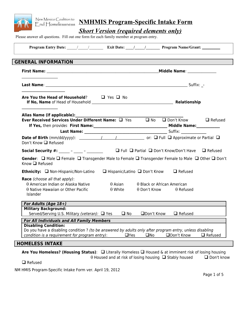NMHMIS Program-Specific Intake Form (10-07-2009)