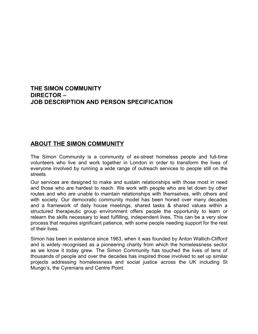 The Simon Community Director Job Description and Person Specification