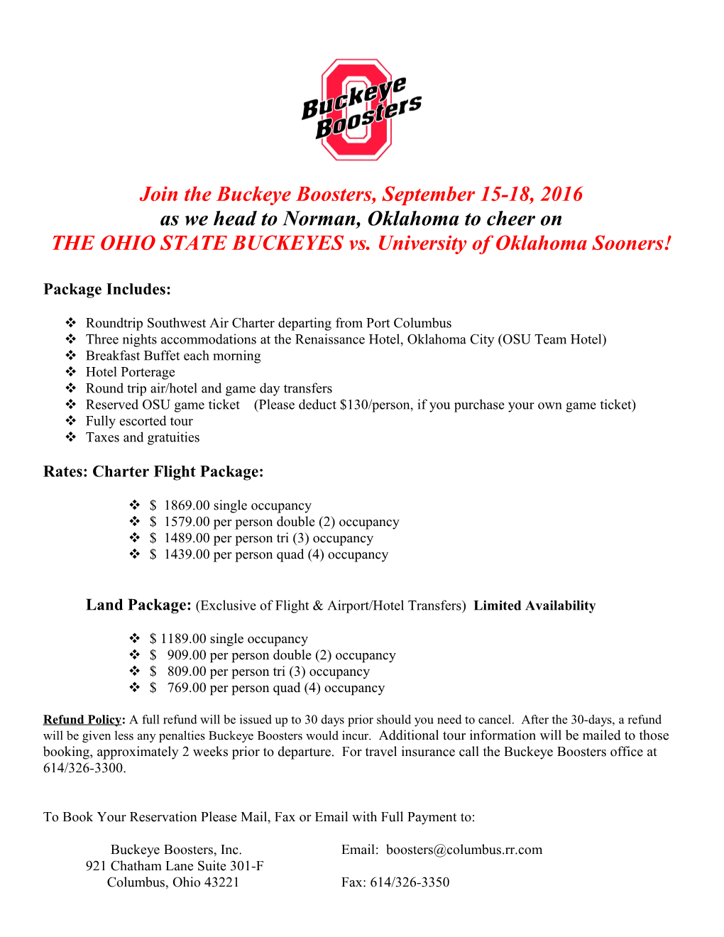 Join the Buckeye Boosters, September 15-18, 2016