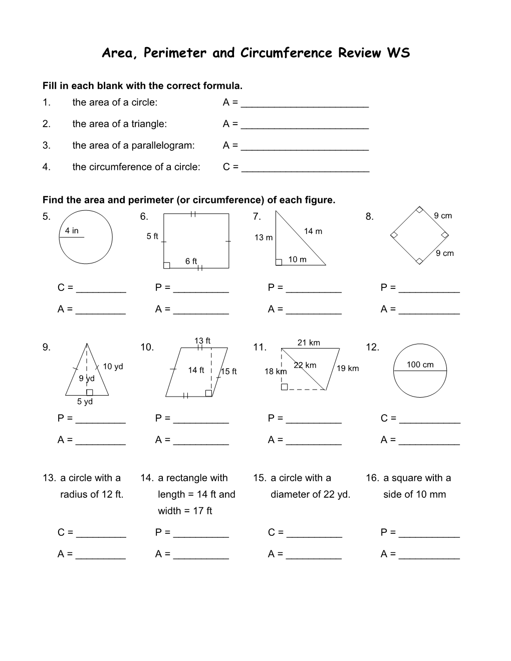 Area, Perimeter and Circumference Review WS