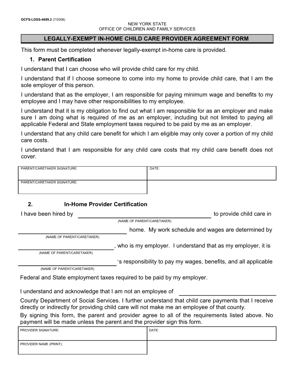 OCFS-LDSS-4699.2 Legally-Exempt In-Home Child Care Provider Agreement Form