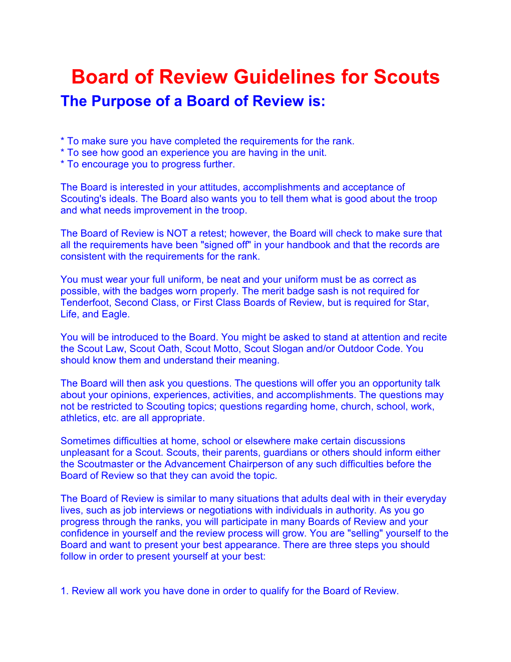 Board of Review Guidelines for Scouts