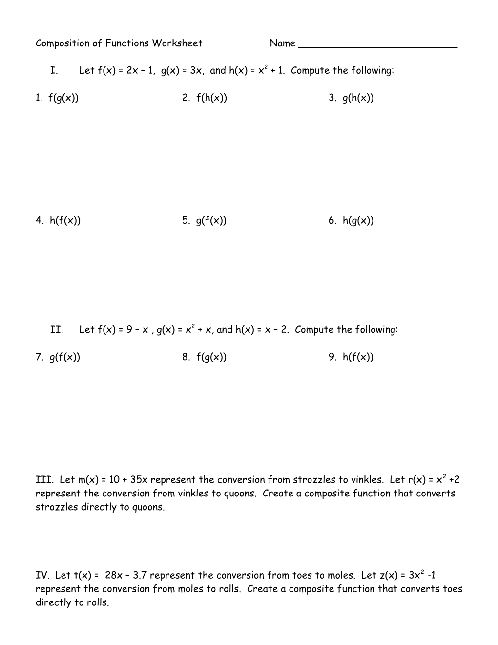 Composition of Functions Worksheet