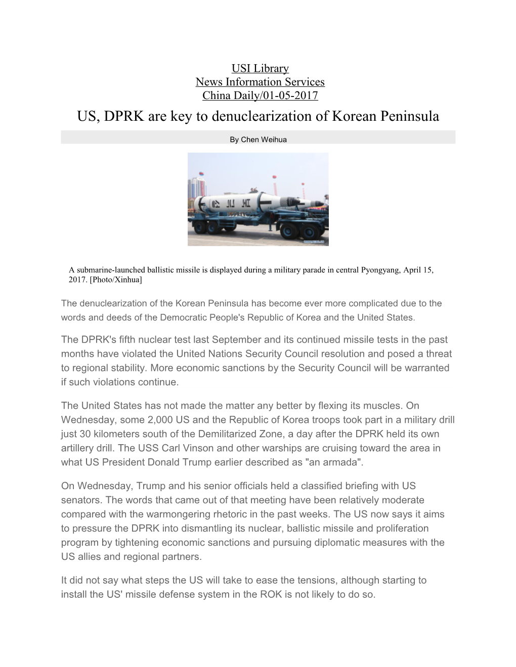 US, DPRK Are Key to Denuclearization of Korean Peninsula