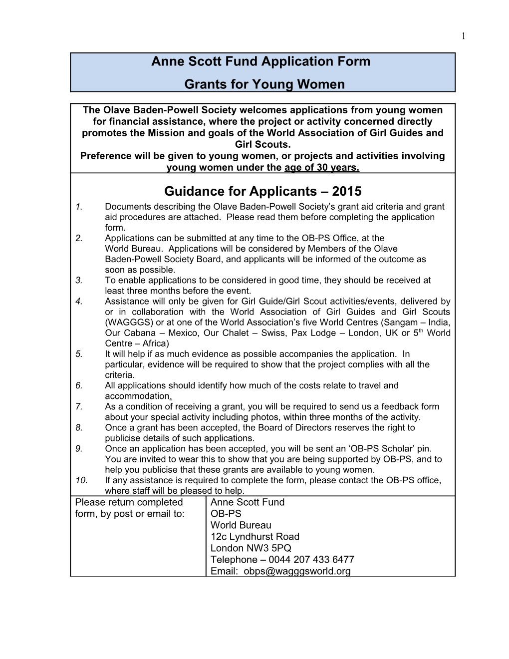 Anne Scott Fund Application Form Grants for Young Women