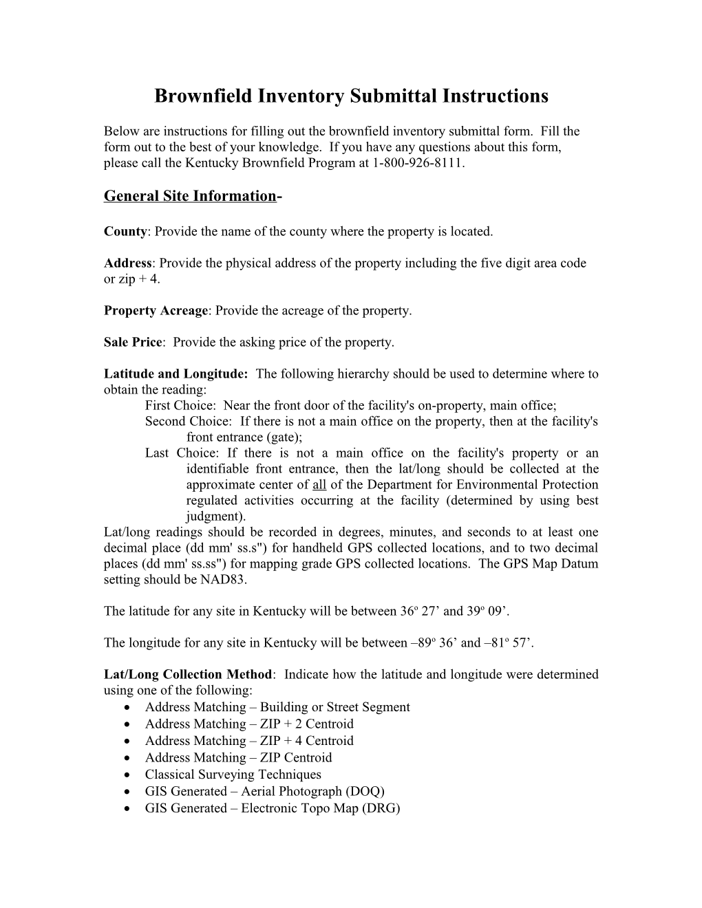 Brownfield Inventory Submittal Instructions