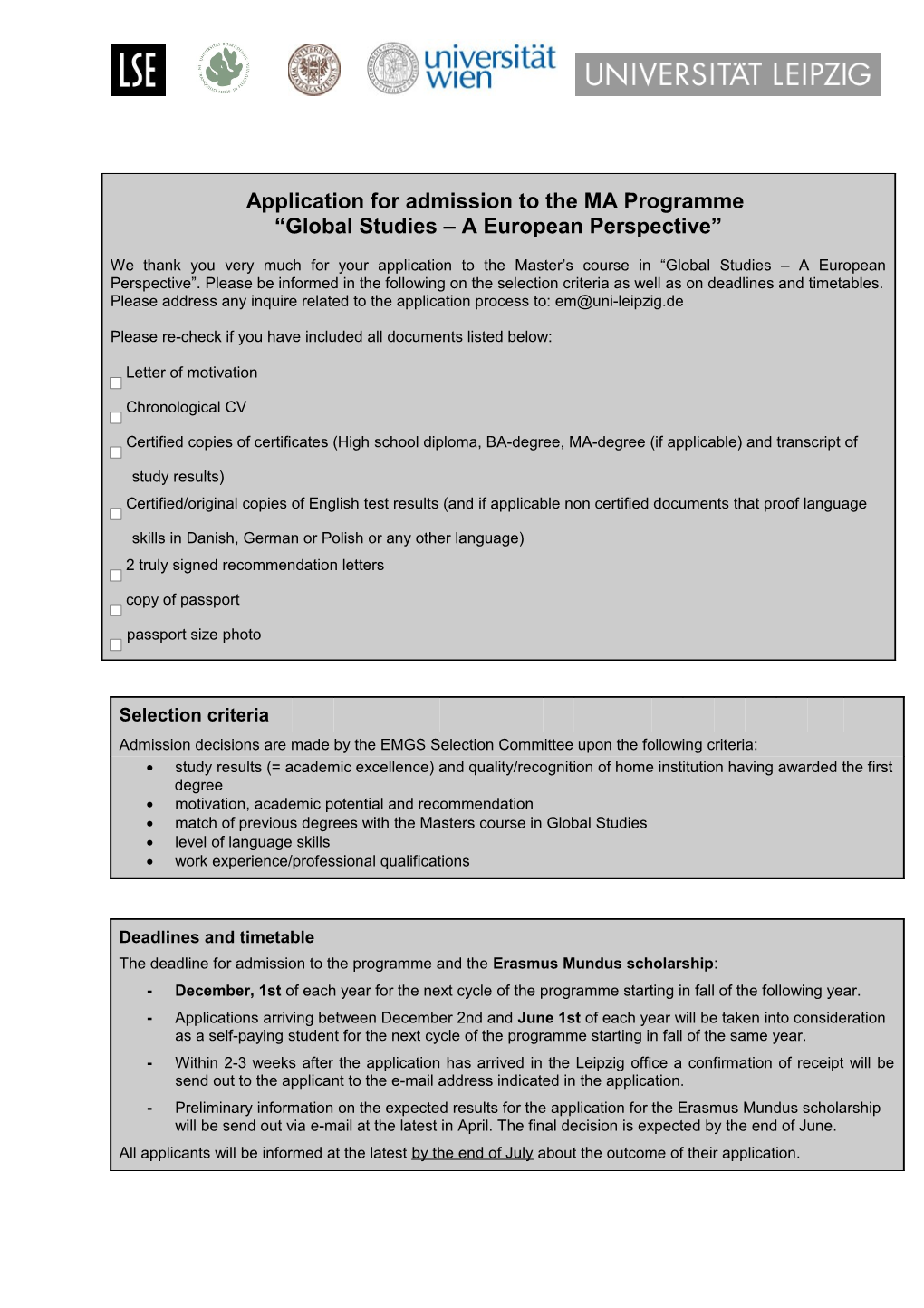 Application for Admission to the MA Programme Global Studies European Perspective