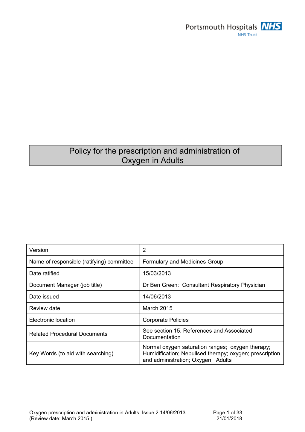 Oxygen Prescription and Administration in Adults