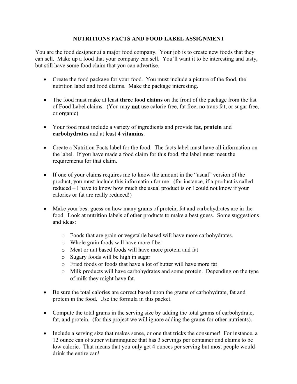 Nutritions Facts and Food Label Assignment