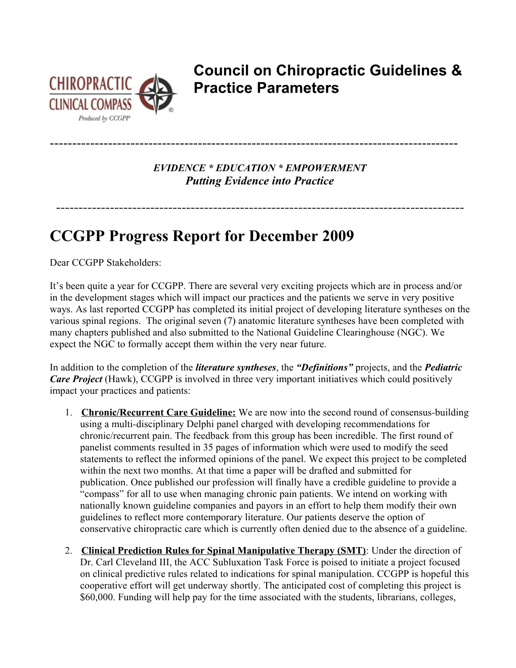 CCGPP Progress Report for December 200