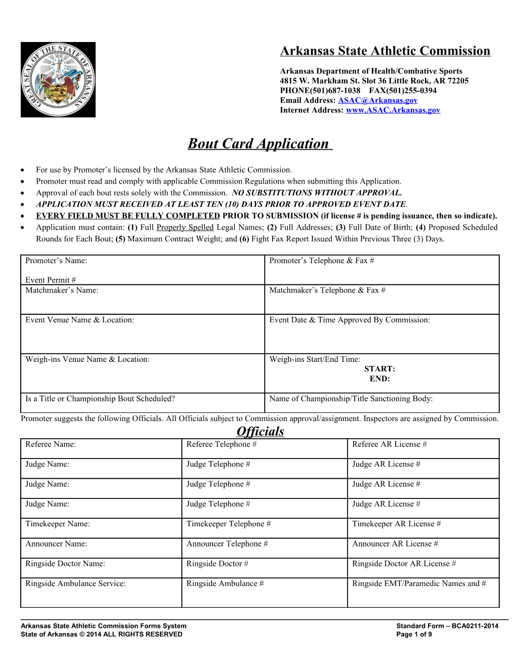 Arkansas State Athletic Commission Forms Systemstandard Form BCA0211-2014
