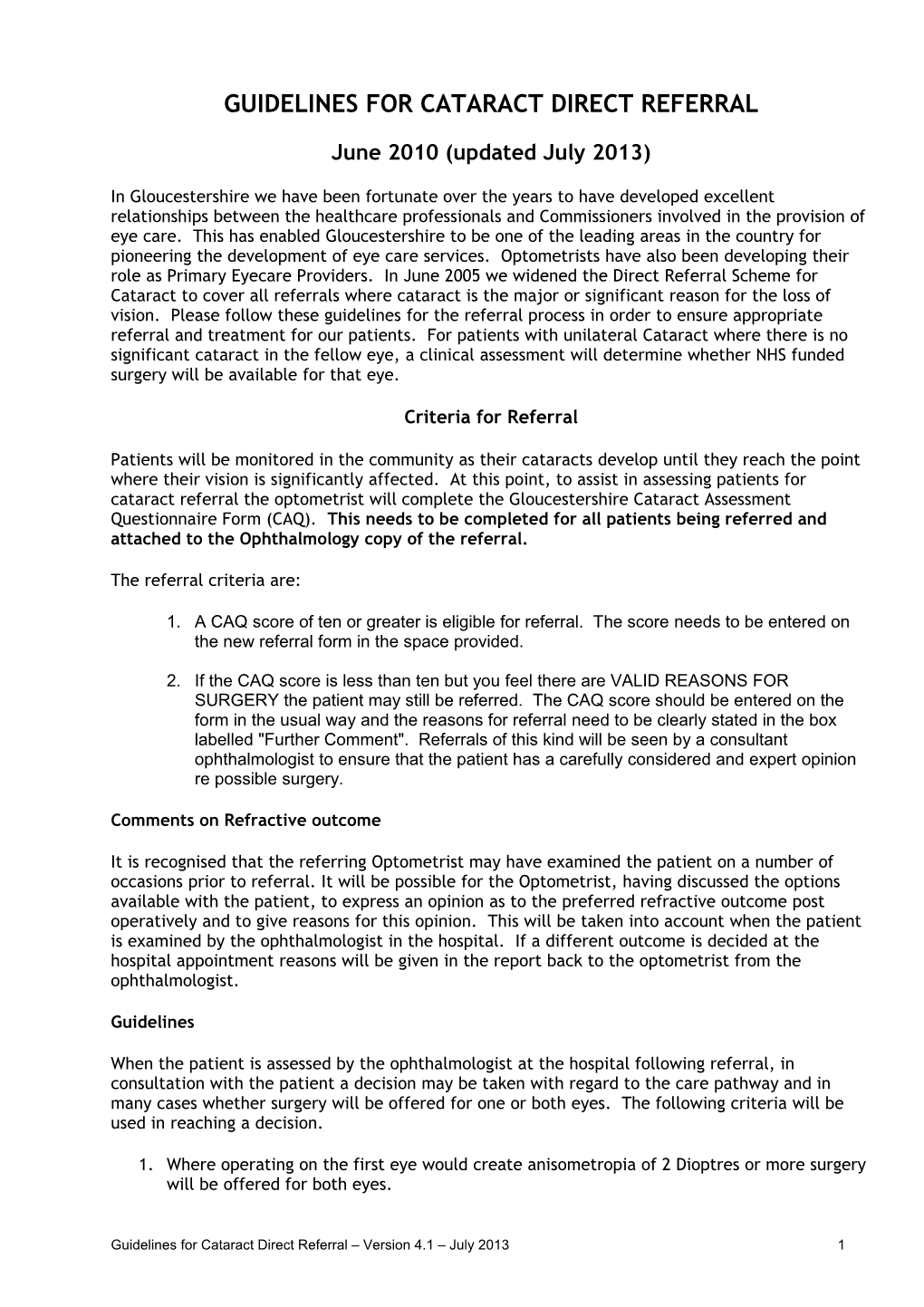 Guidelines for Cataract Direct Referral