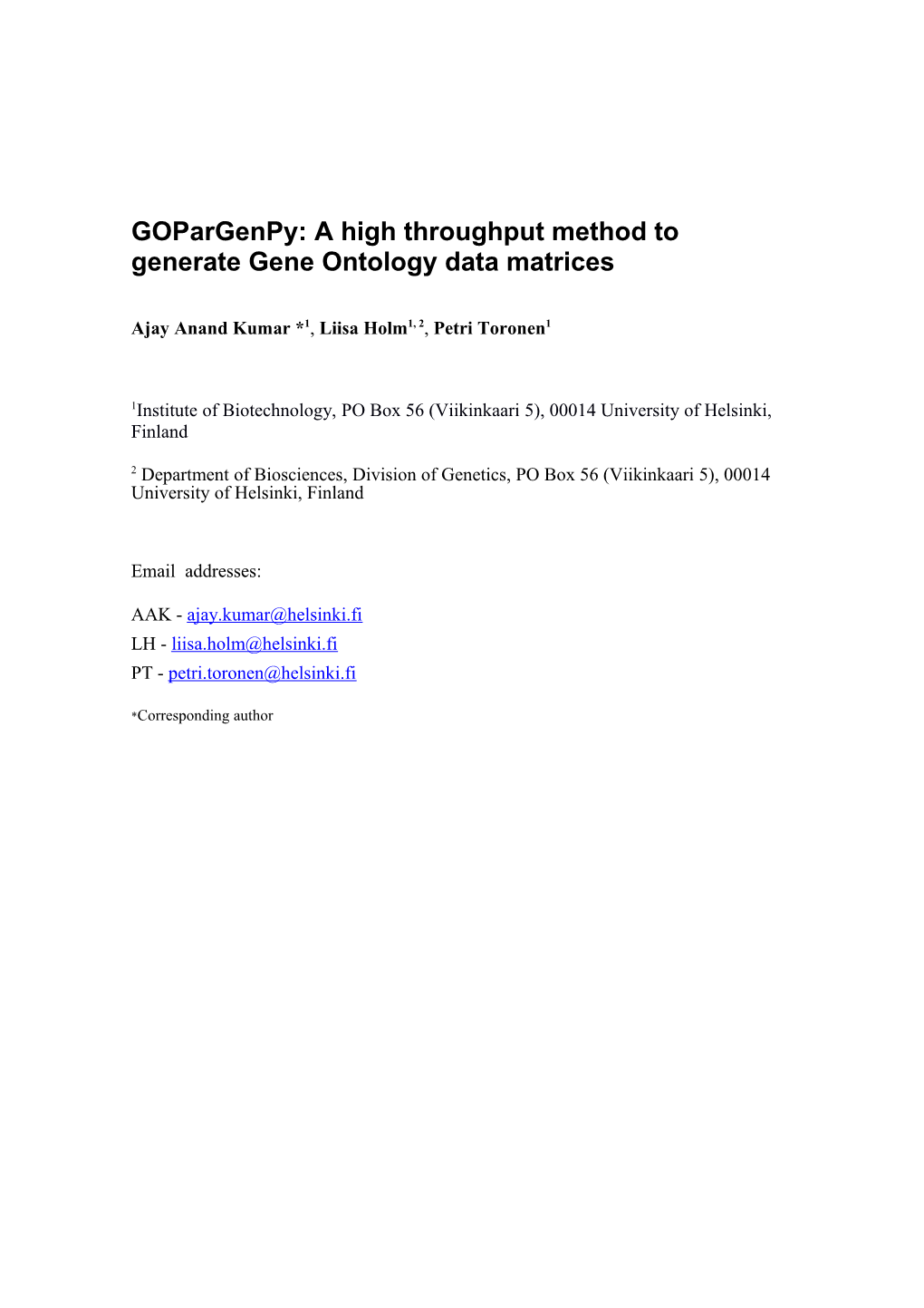 Gopargenpy: a High Throughput Method to Generate Gene Ontology Data Matrices