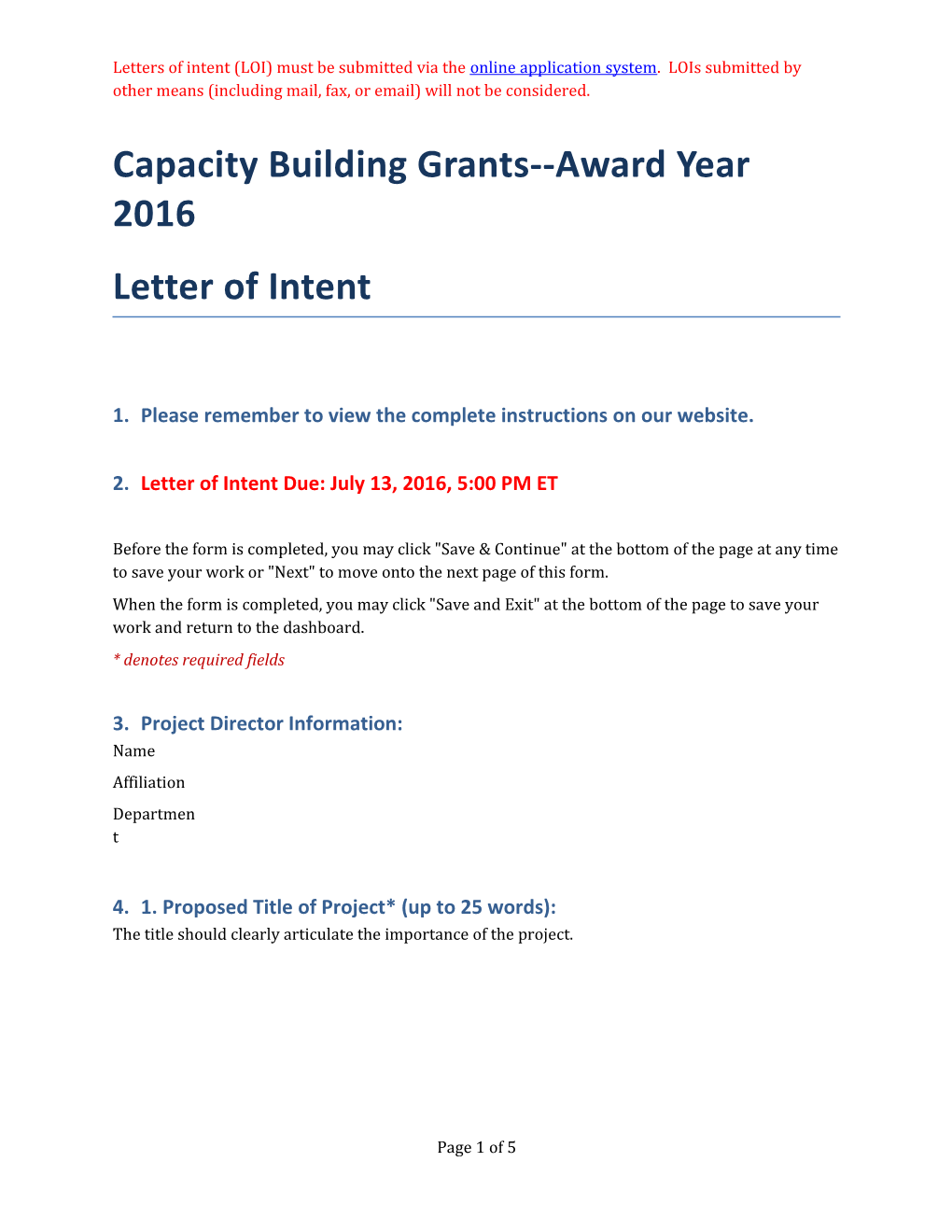 Capacity Building Grants Award Year 2016 Letter of Intent