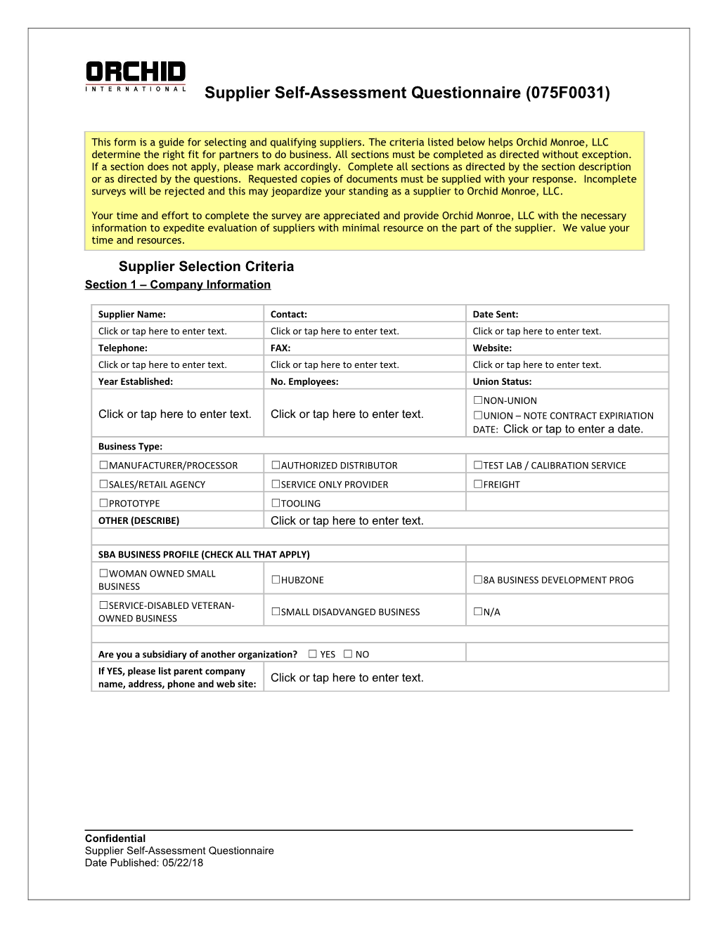 Orchid Monroe Supplier Self-Assessment Questionnaire (075F0031)