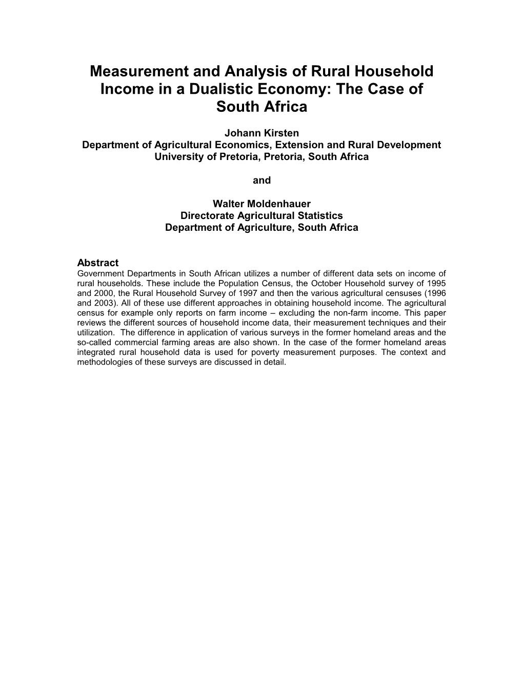 Measurement and Analysis of Rural Household Income in a Dualistic Economy: the Case Of