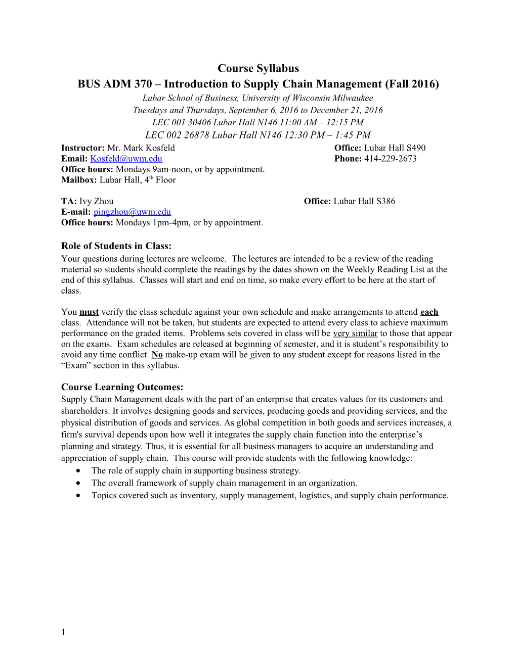 BUSADM 370 Introduction To Supply Chain Management