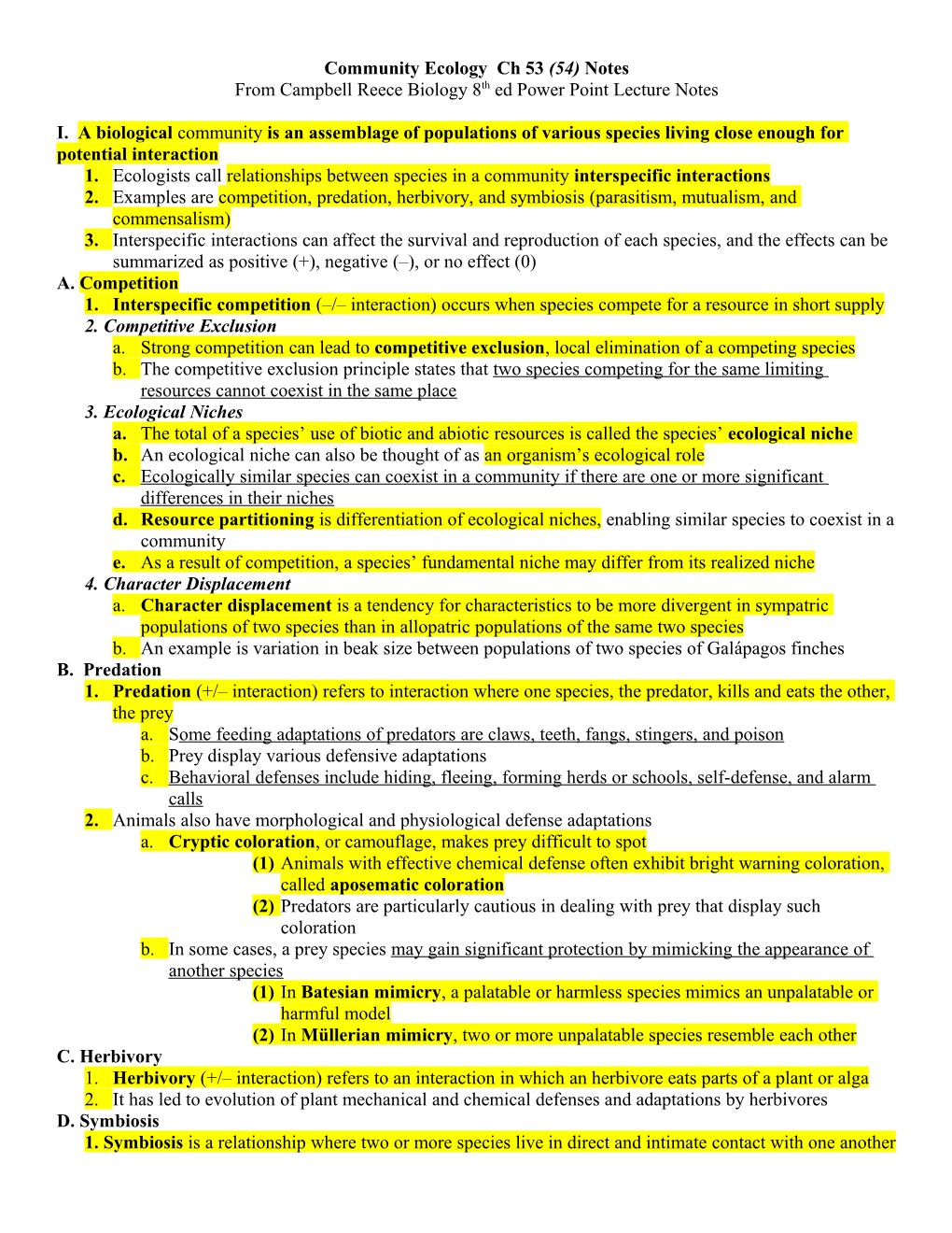 Community Ecology Ch 54 Notes