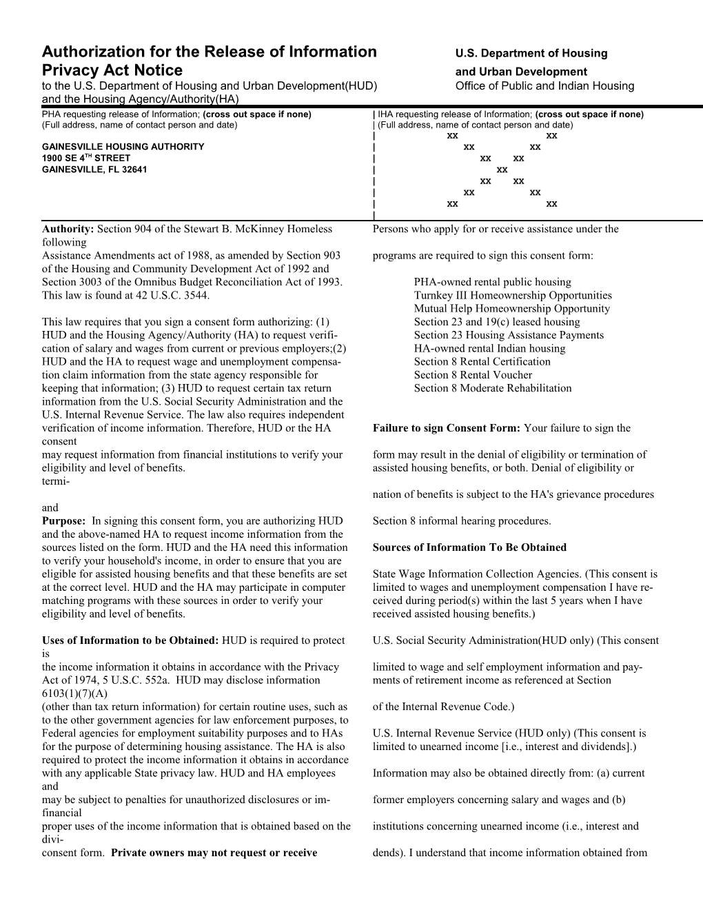 Authorization for the Release of Information U.S. Department of Housing