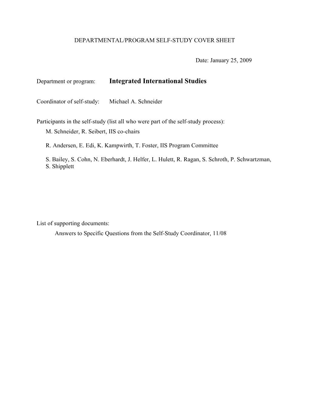 Departmental/Program Self-Study Cover Sheet