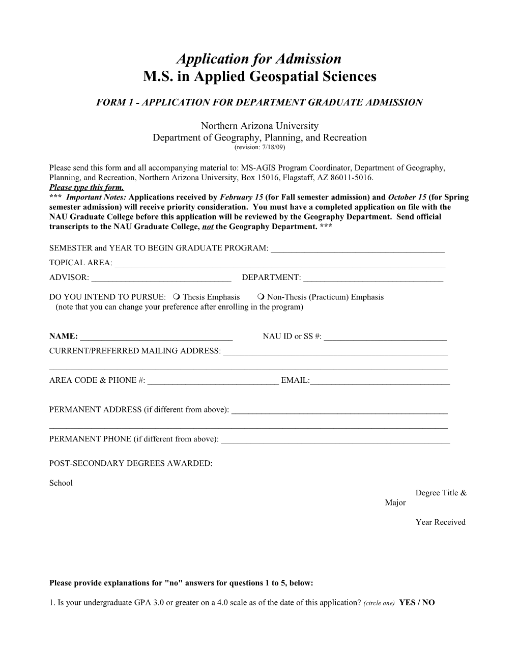 Form 1 - Application for Department Graduate Admission
