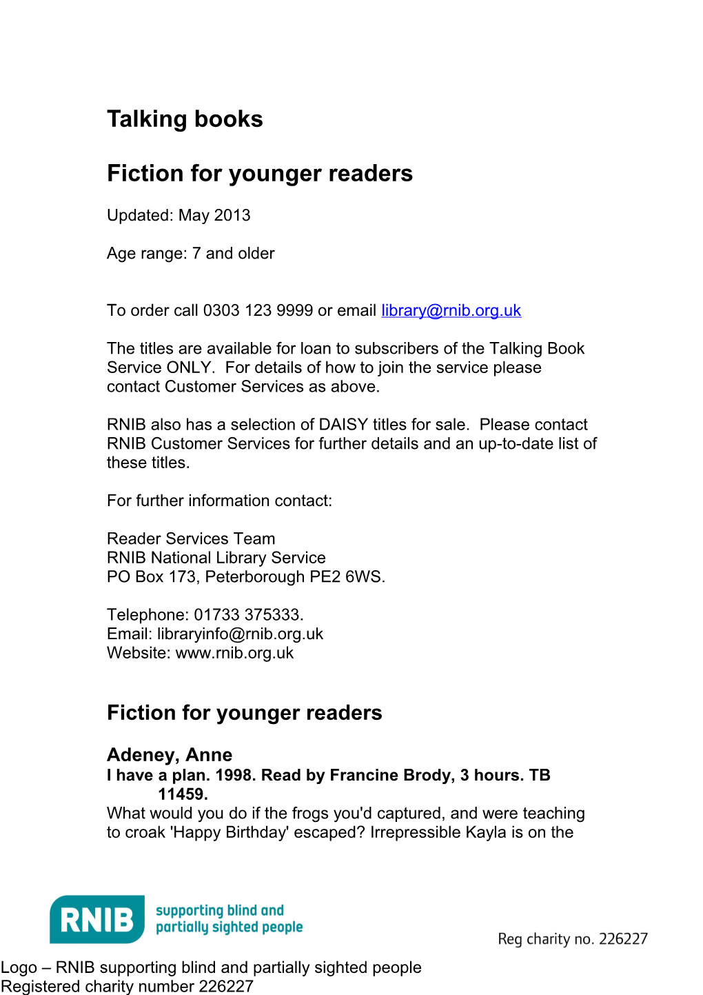Fiction for Ages 7 and Older on Talking Book (Word, 200KB)