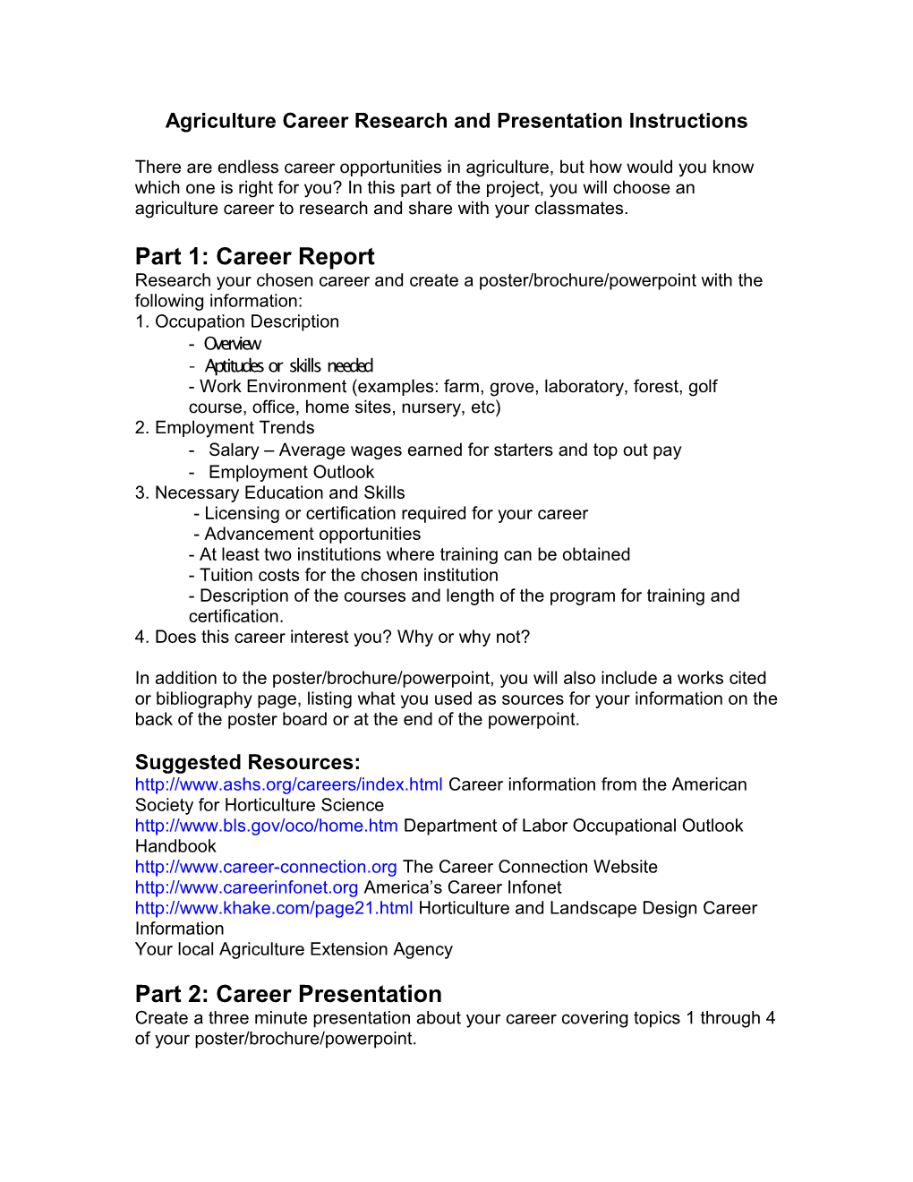 Agriculture Career Research and Presentation Instructions