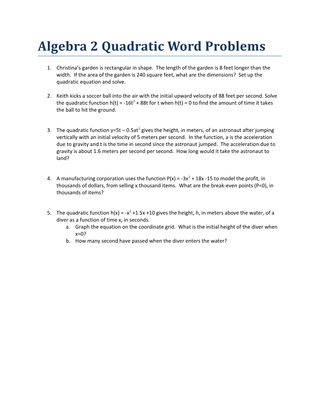 Algebra 2 Quadratic Word Problems s1