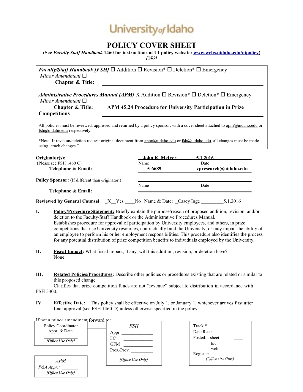 Policy Cover Sheet