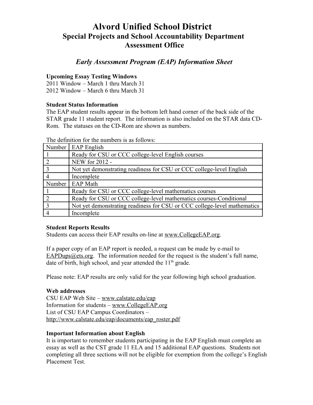 Early Assessment Program (EAP)
