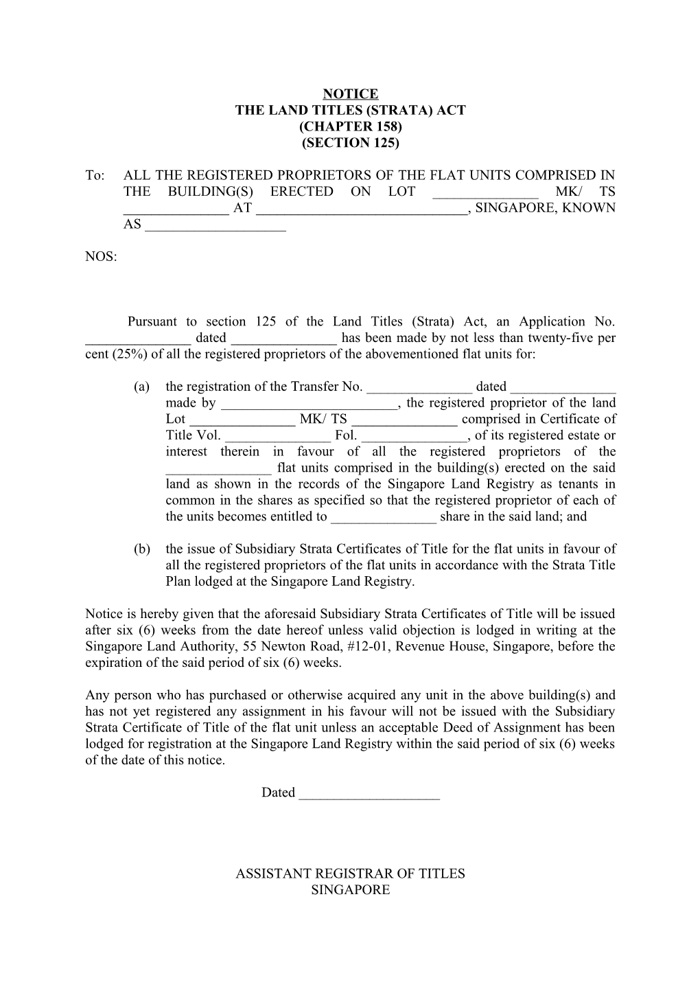 The Land Titles (Strata) Act (Chapter 158) (Section 125)