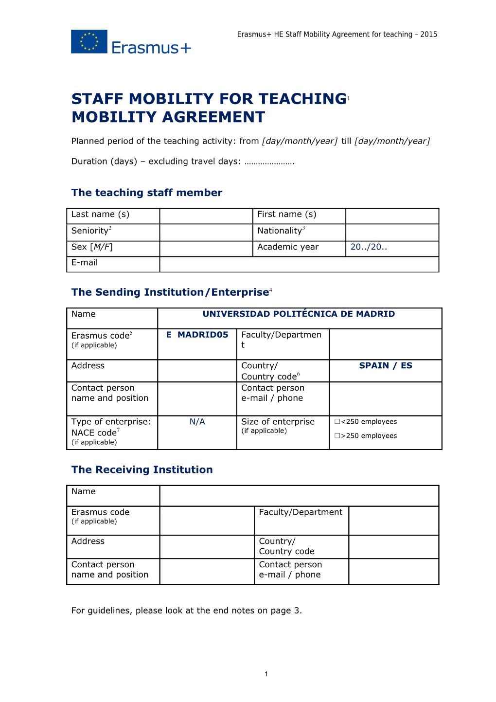 Erasmus+ HE Staff Mobility Agreement for Teaching 2015
