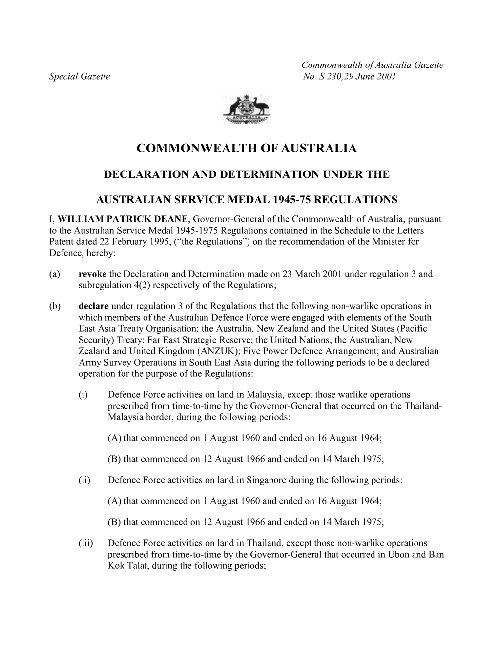 Australian Service Medal 1945-75 Regulations