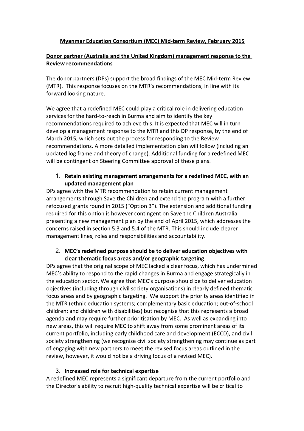 Myanmar Education Consortium (MEC) Mid-Term Review, February 2015