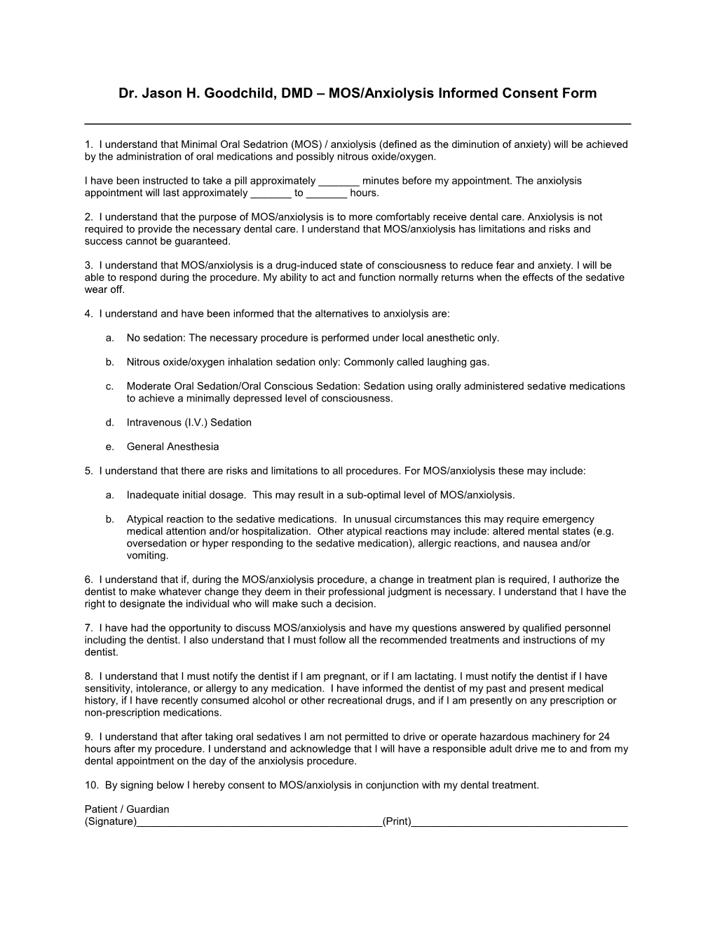 Anxiolysis Consent Form