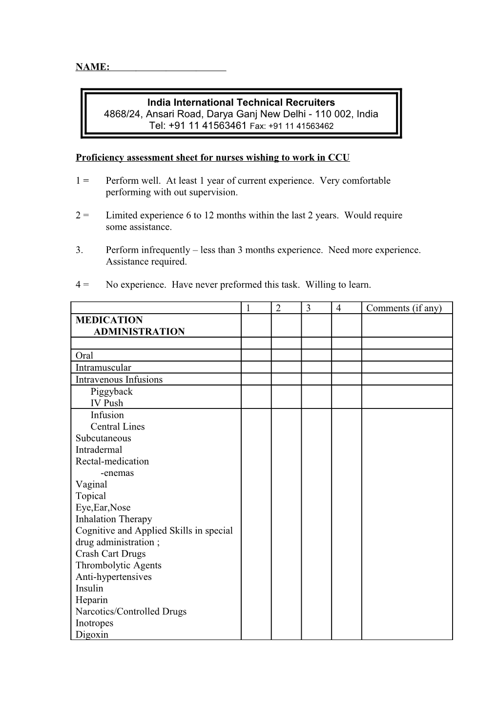 Proficiency Assessment Sheet for Nurses Wishing to Work in CCU