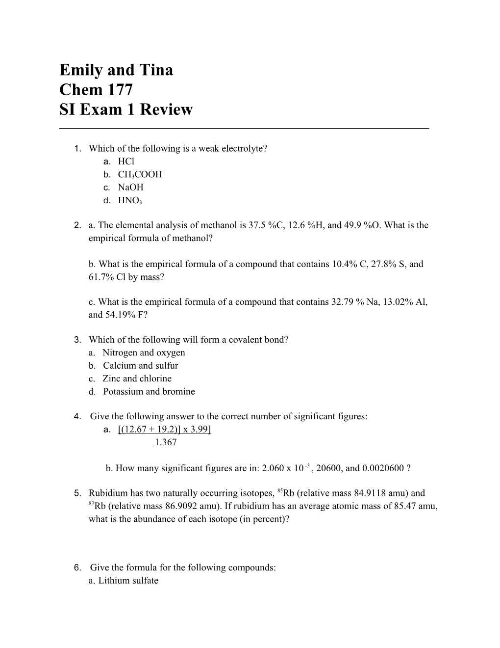 Chem 177 SI Exam 1 Review