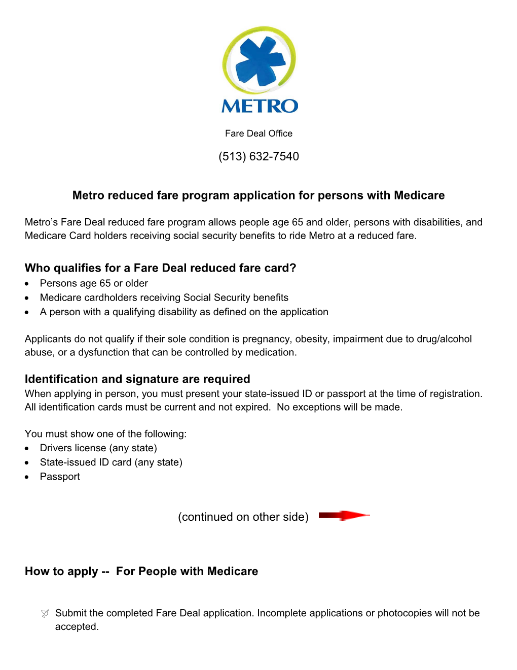 Metro Reduced Fare Program Application for Persons with Medicare