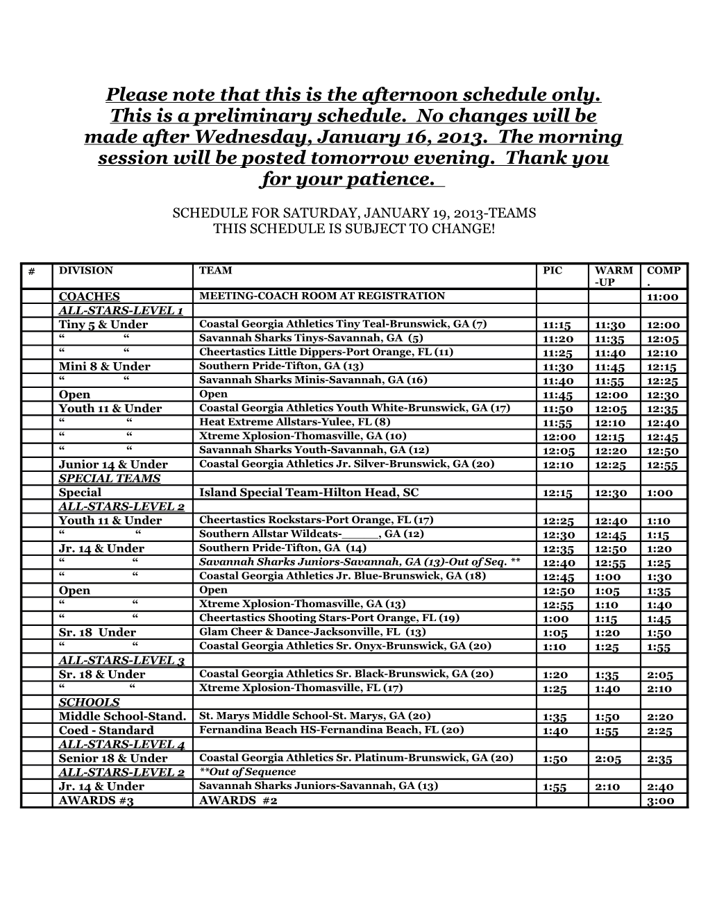 Schedule for Saturday, January 19, 2013-Teams