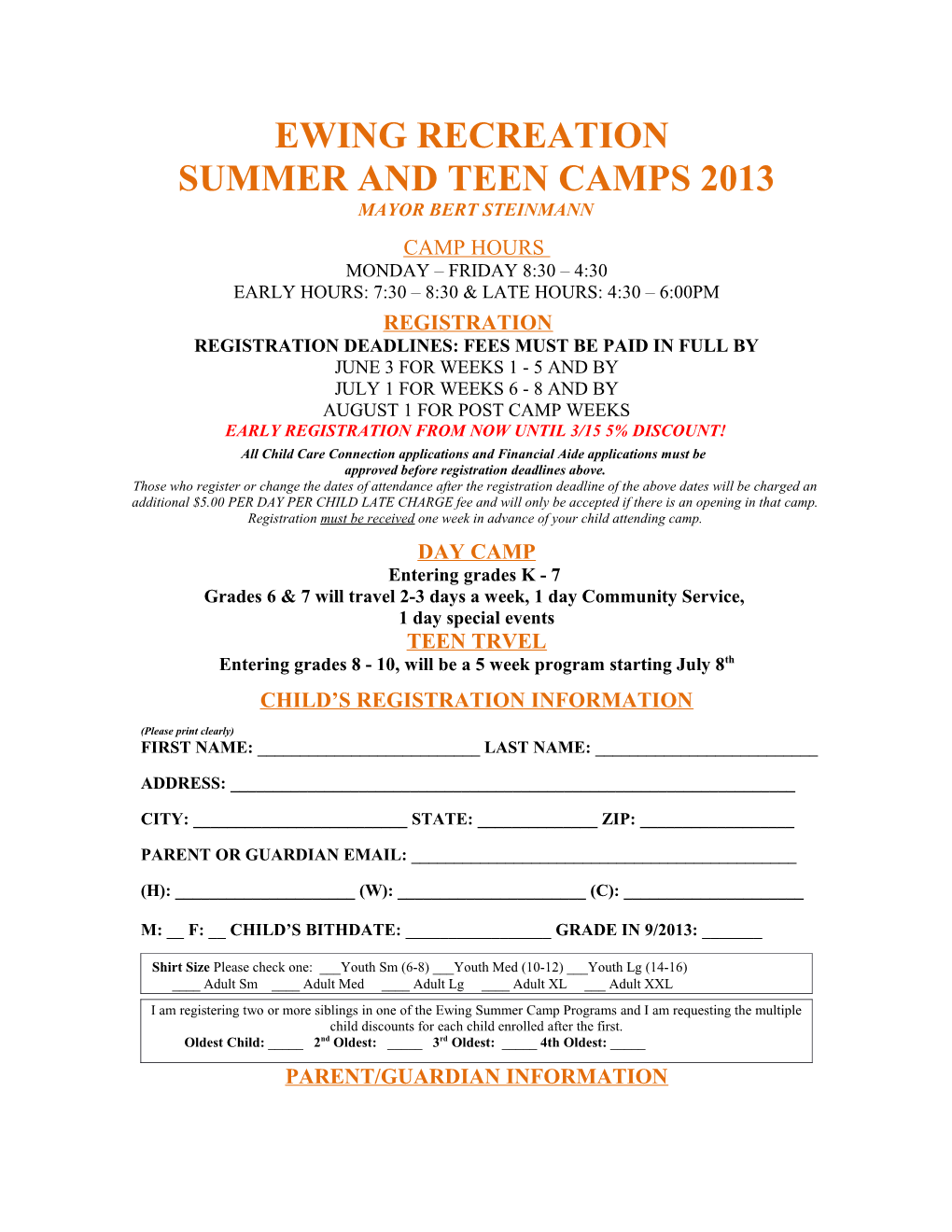 Summer and Teen Camps 2013