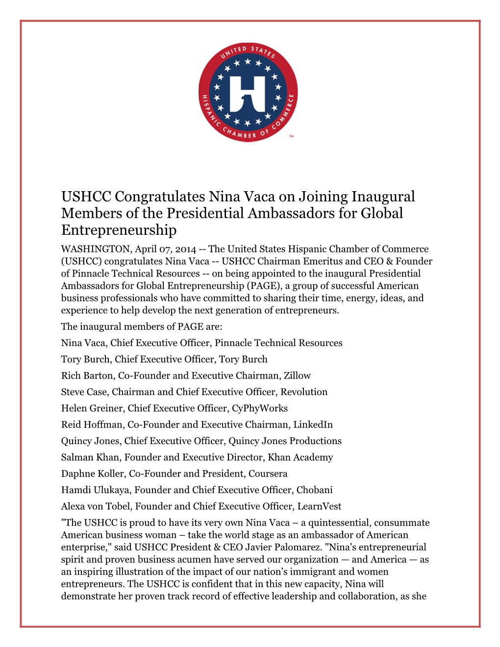 USHCC Congratulates Nina Vaca on Joining Inaugural Members of the Presidential Ambassadors