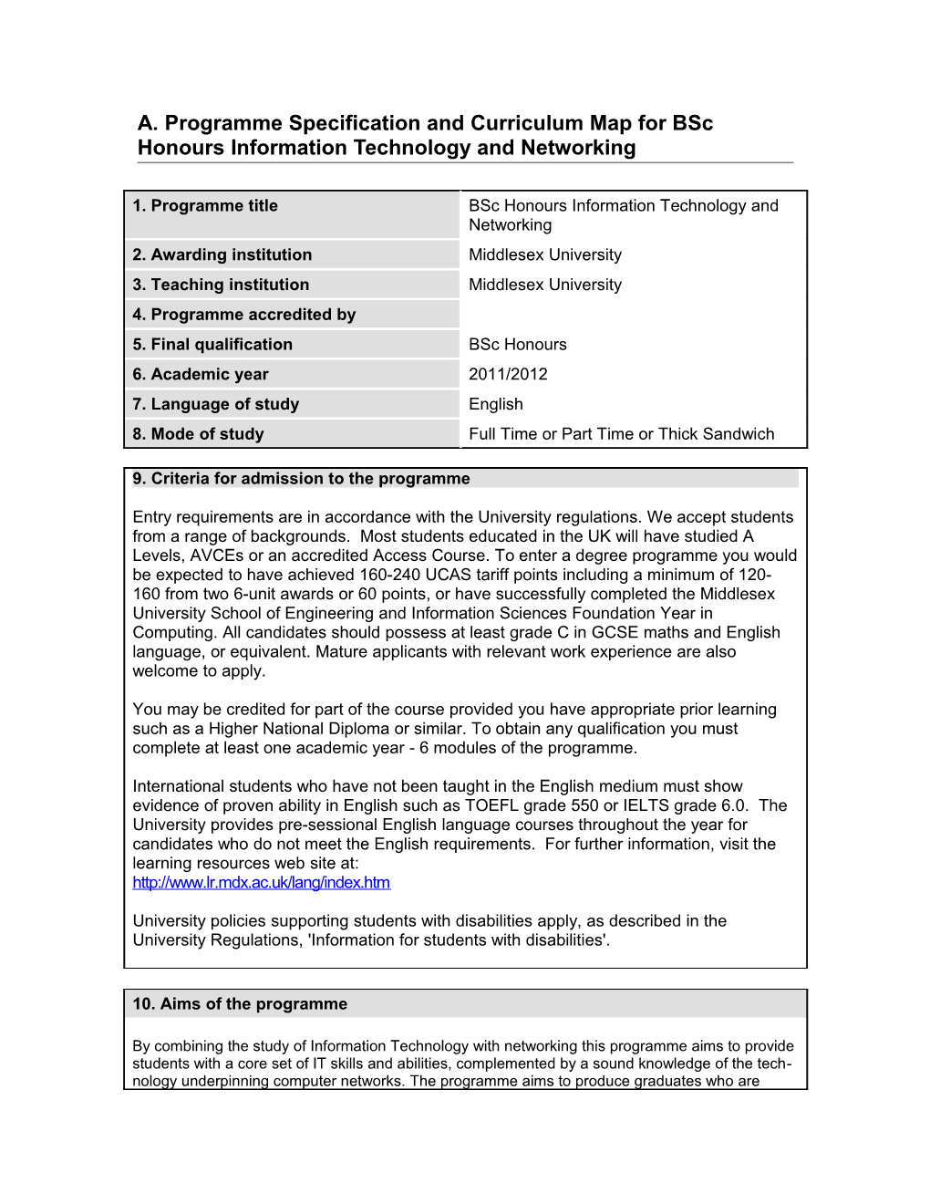 A. Programme Specification and Curriculum Map for Bsc Honoursinformation Technology And