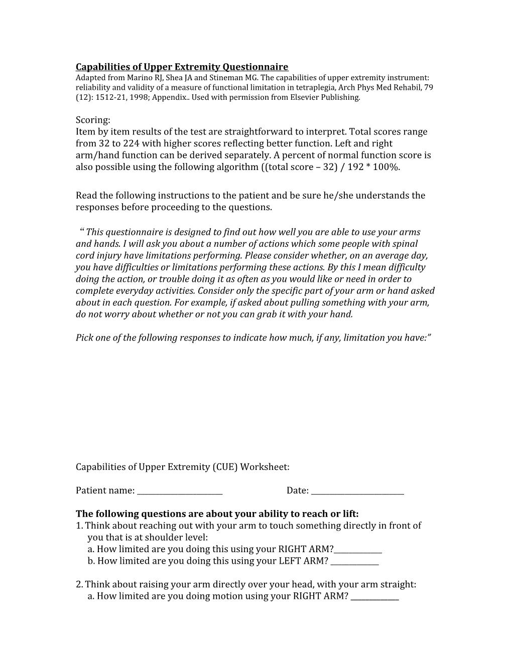 Capabilities of Upper Extremity Questionnaire